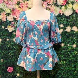 Umgee Blue and Pink Floral Smocked Blouse